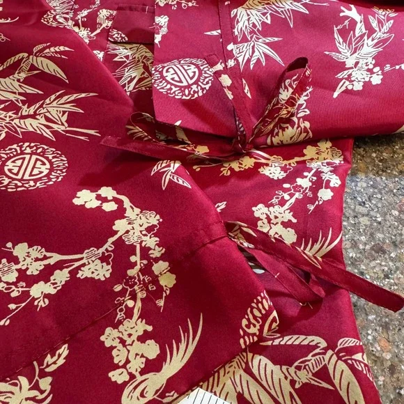 Vtg Anne Carson Silk Blouse Womens M Red Gold Asian Inspired 3/4 Sleeve Tie Cuff - Picture 6 of 7